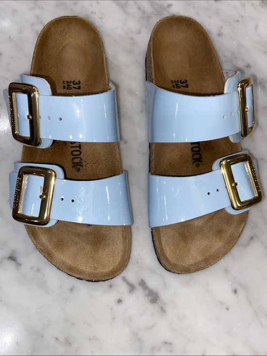 Birkenstock Other - Birkenstock Kids Two-Strap Patent Sandals in Light Blue with Gold Buckles